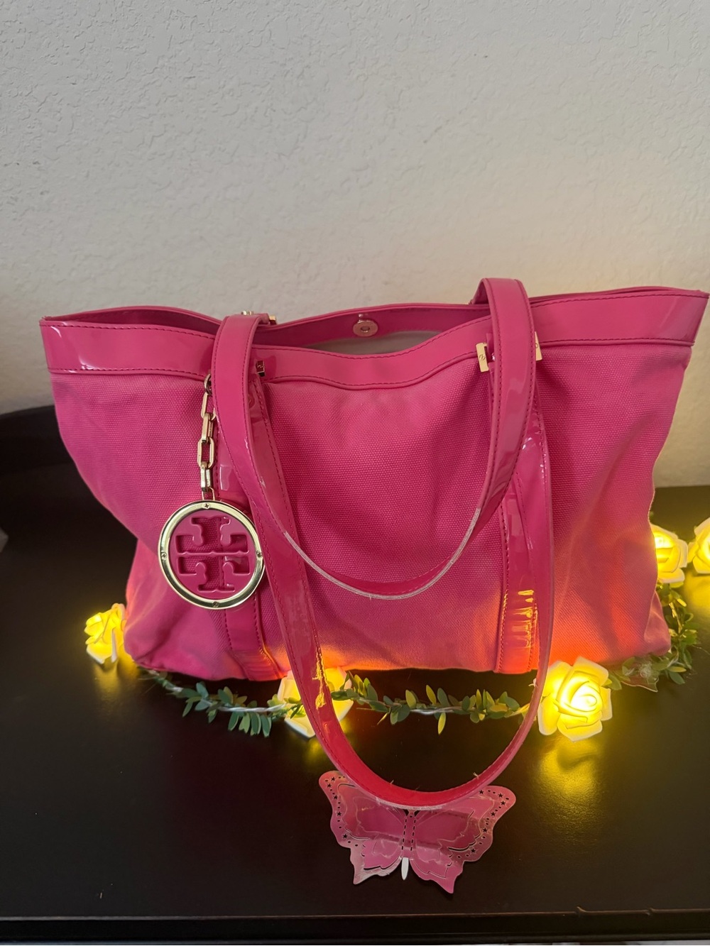 Tory Burch Hot Pink Tote with Logo Charm